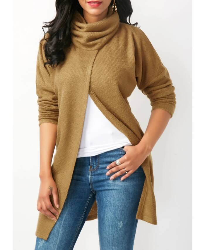 Cowl Neck Crossover Hem Tan Brown Longline Blouse